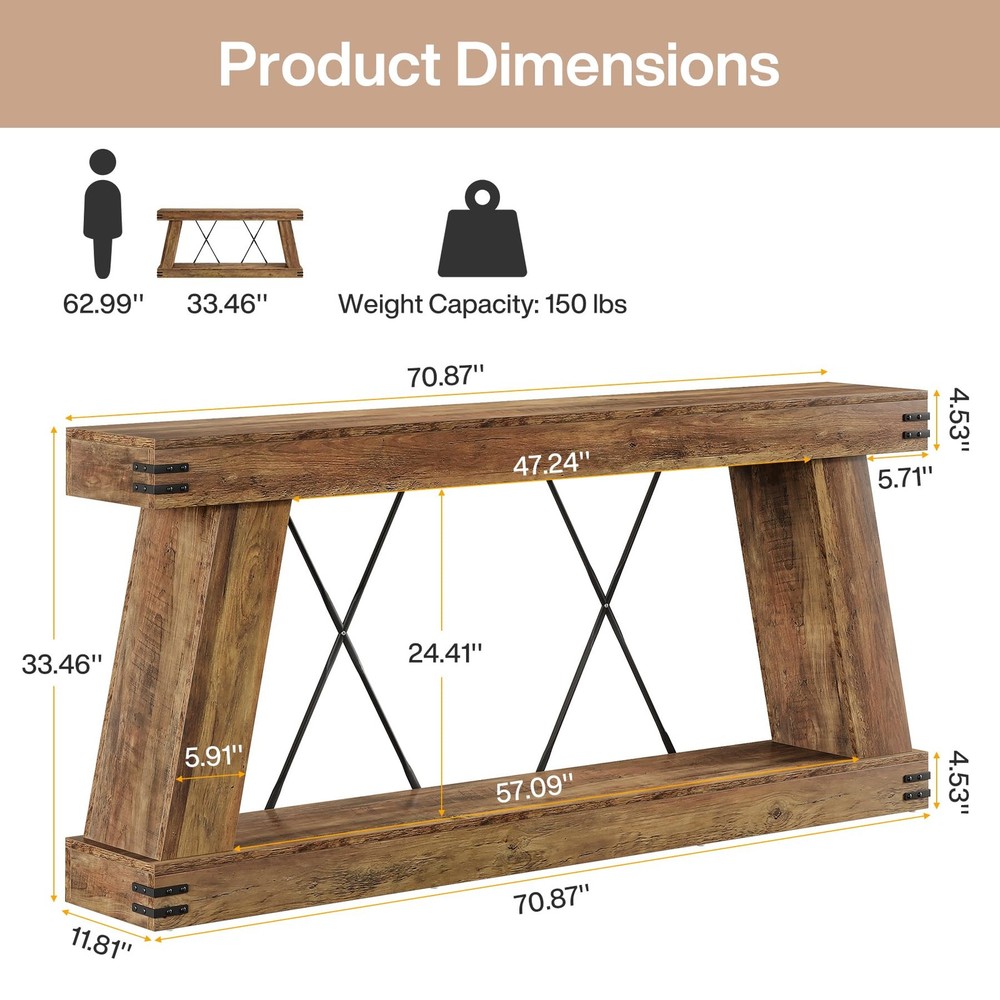 70.9" Farmhouse Console Table, Long Sofa Table Behind Couch with Storage, Nar...