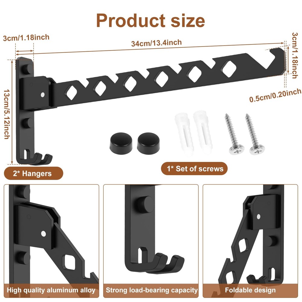 2Pcs Folding Clothes Hanger, Wall Mounted Clothes Drying Rack for Laundry 180...