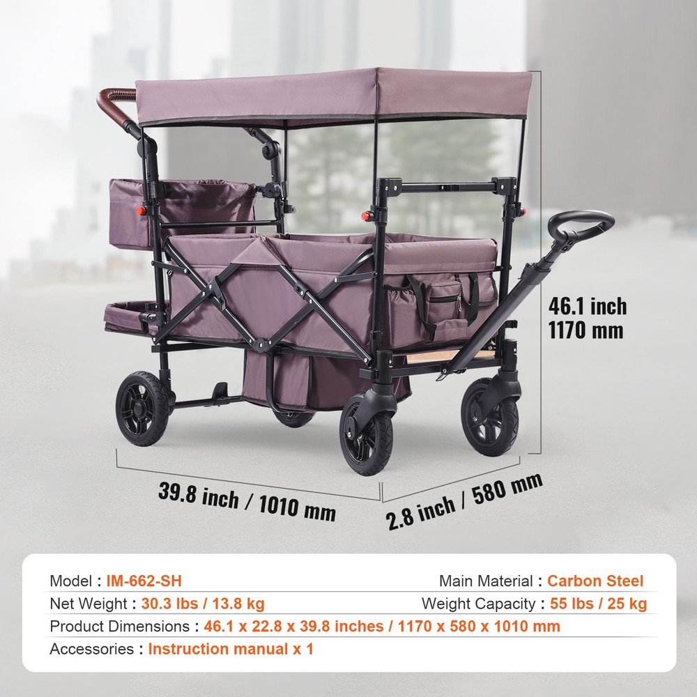 Double Stroller for 2 Kids, Collapsible Wagon with Adjustable Handle & Canopy