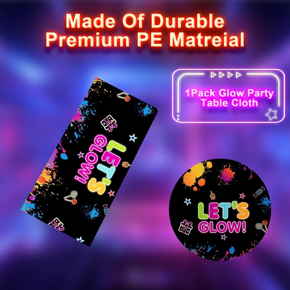 1 Pack Let's Glow Tablecloth- Neon Party Table Cover, Disposable Plastic Rect...