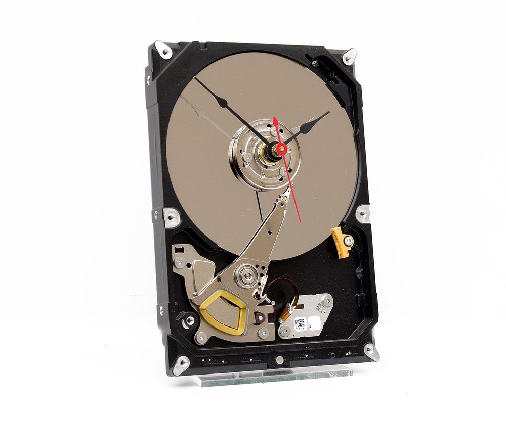 Recycled computer hard drive desk clock, Quartz, time, battery, upcycle, PC,