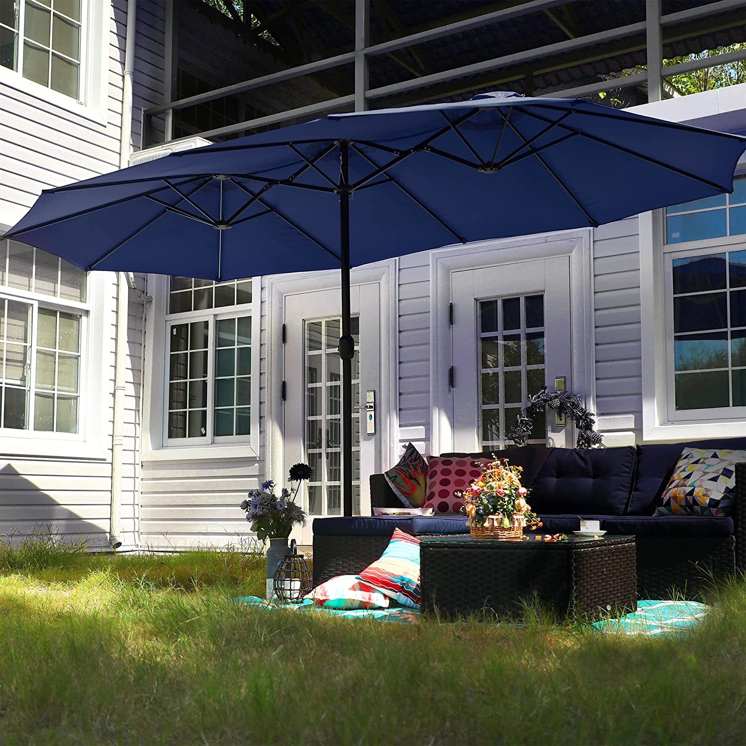 15ft Patio Large Umbrella Double-sided Market Crank Outdoor Garden Parasol Shade