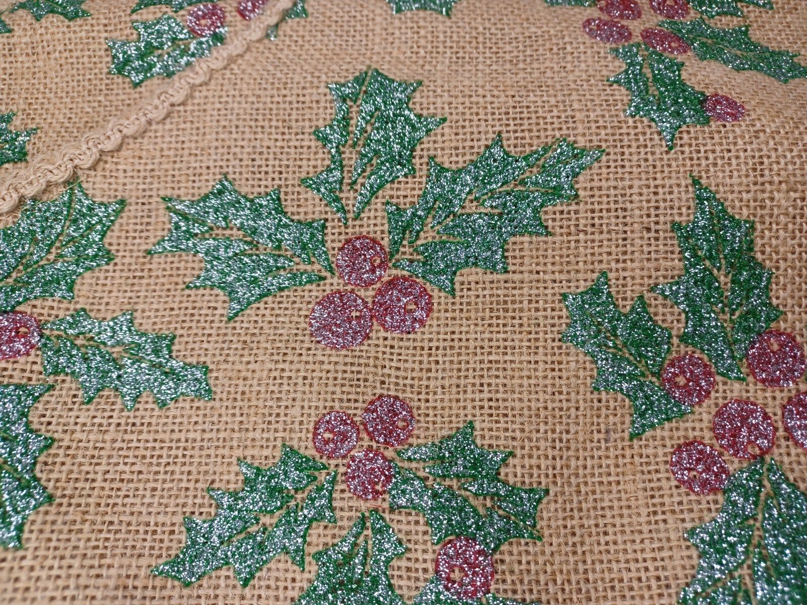 Burlap Christmas Tree Stocking Set Of Two Stockings Glitter Holly Berries Leaves