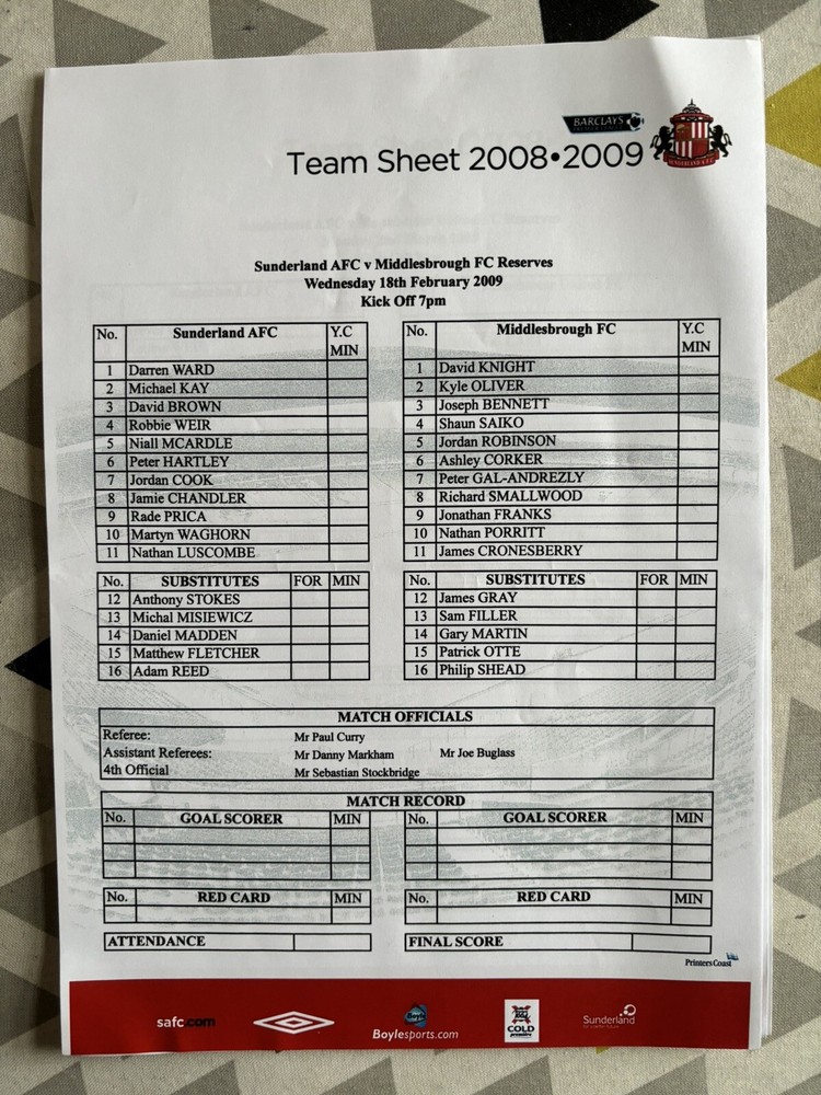 Sunderland Team Sheets X9 2004-09