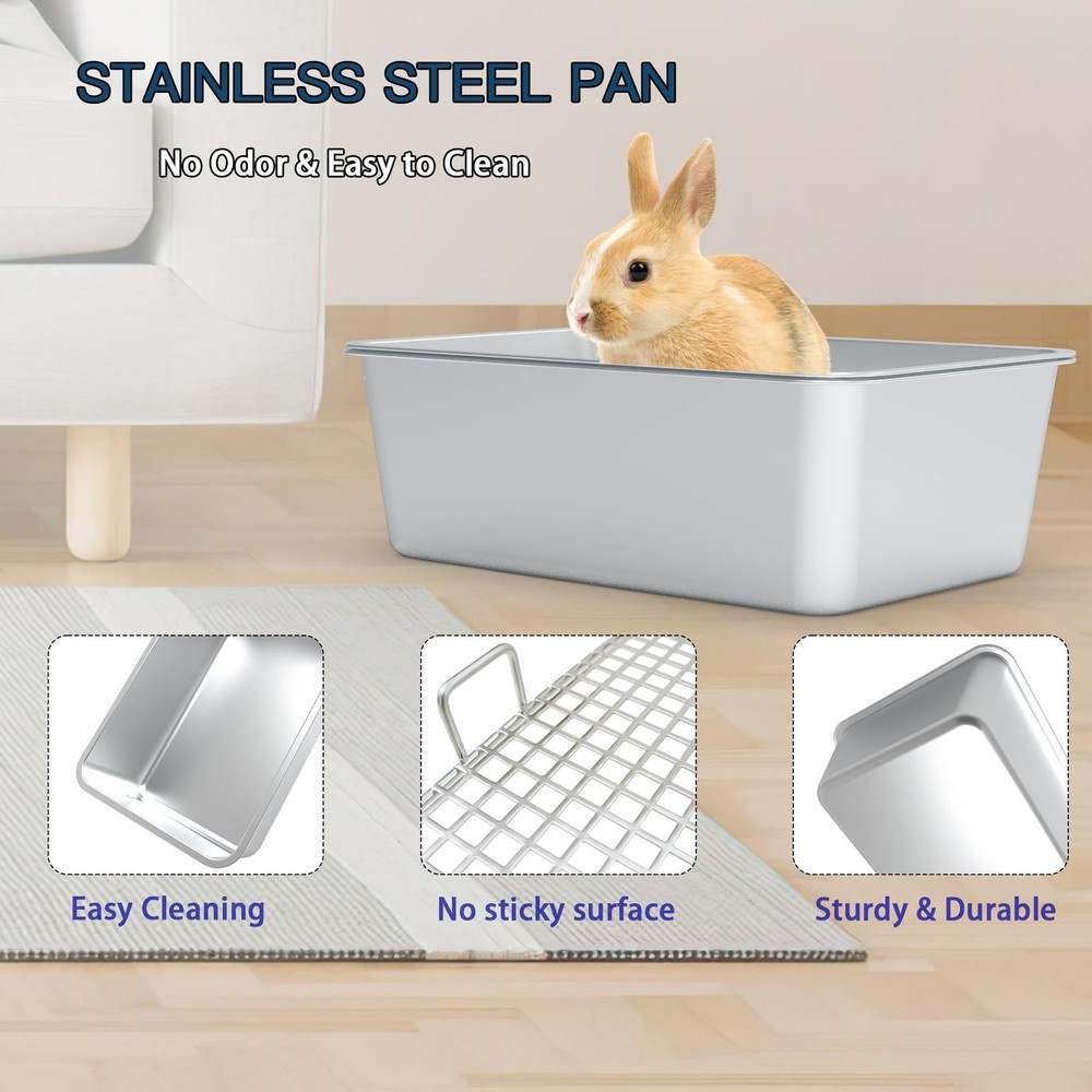 Large Stainless Steel Rabbit Litter Box with Widened Grid and Deep Storage