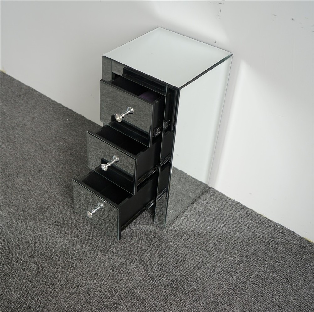 Mirrored Glass Bedside Table with Three Drawers Size S