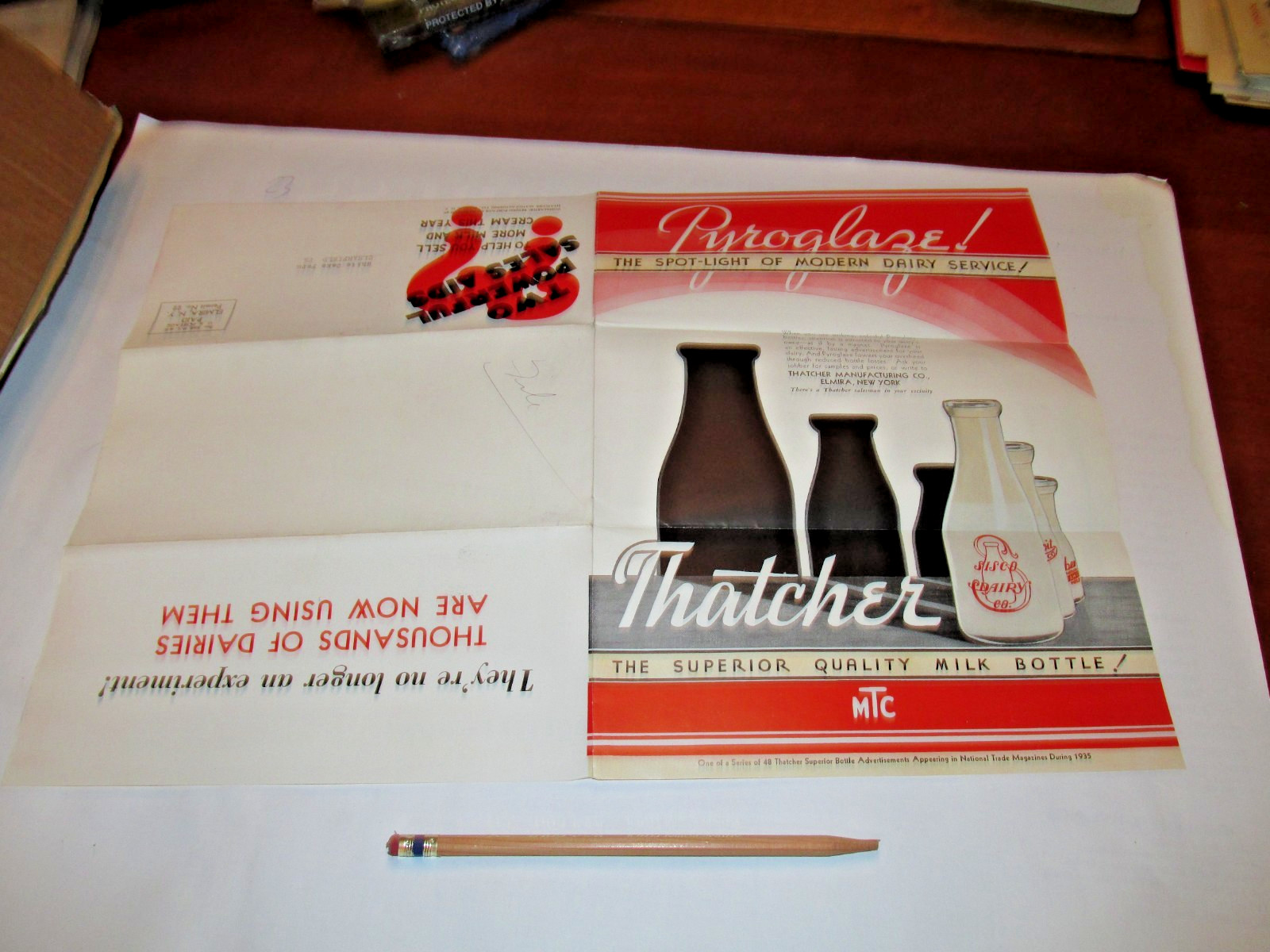 THATCHER MILK BOTTLE MAILER POSTER 1930'S "PYROGLAZE!" ELMIRA, NY, ADVERTISEMENT