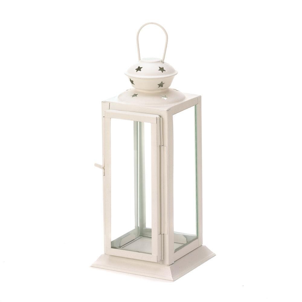 2 STARLIGHT WHITE CANDLE LANTERN - 8" HIGH - IRON & GLASS