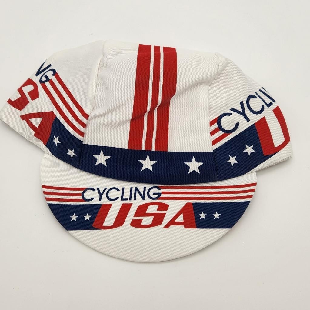 Pace Cycling USA Cap White Red Blue 100% Cotton Twill Made In USA
