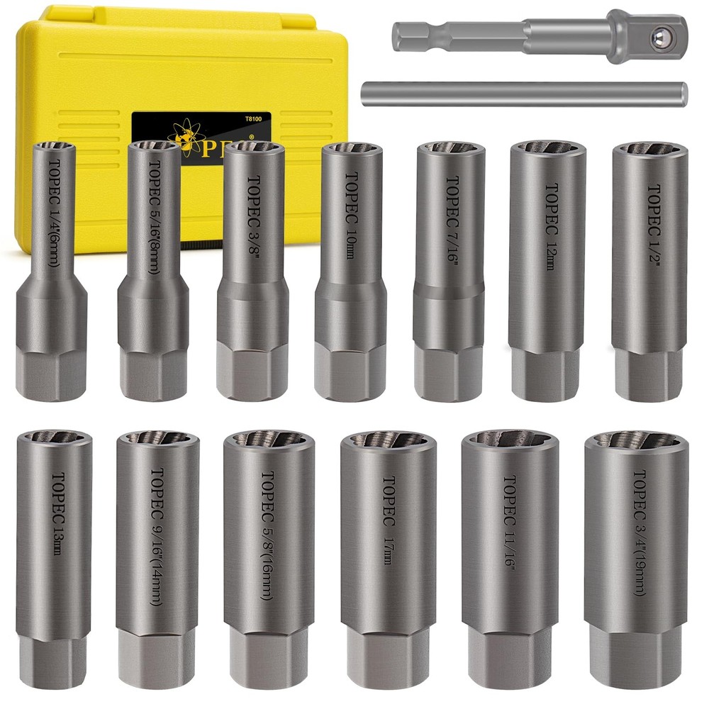 Topec 15PCS Deep Bolt Extractor Kit, 6mm19mm Nut Extractor Socket Set, 3/8" D...