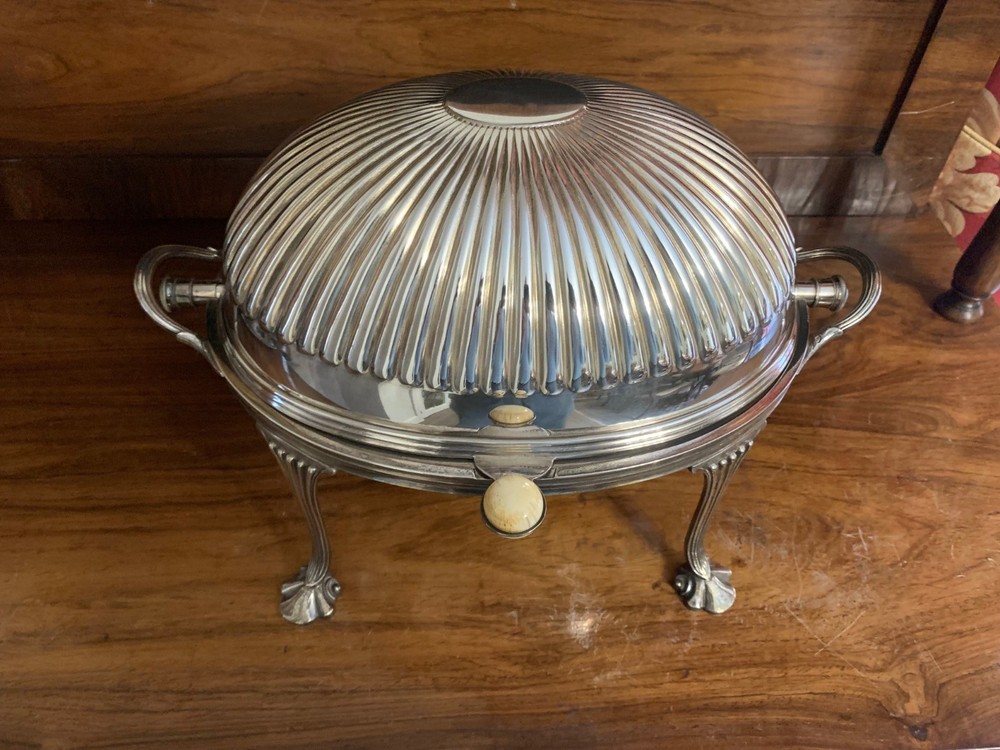 Antique Victorian Roll-Over Serving Dish, Silver Plate, Dome Top Tureen, Server