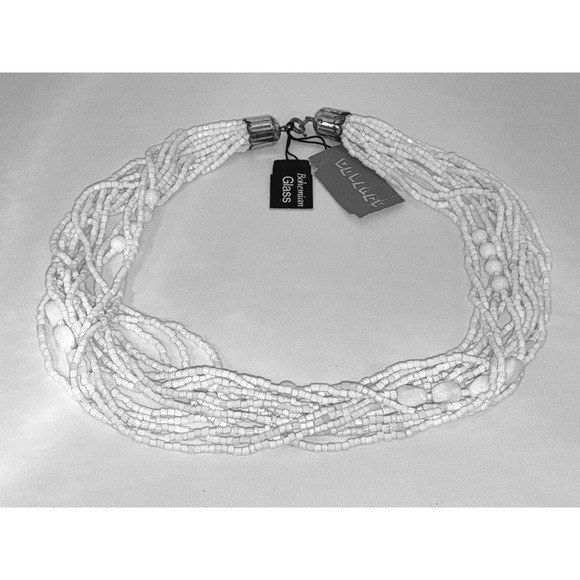 White Layered Bead Necklace Multi Strand Boho Bridal Summer Statement 16"