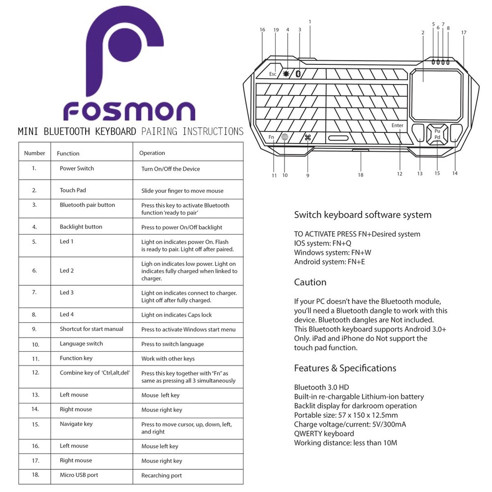 Fosmon 30FT Mini Wireless Bluetooth Keyboard Touchpad for iOS Android Windows