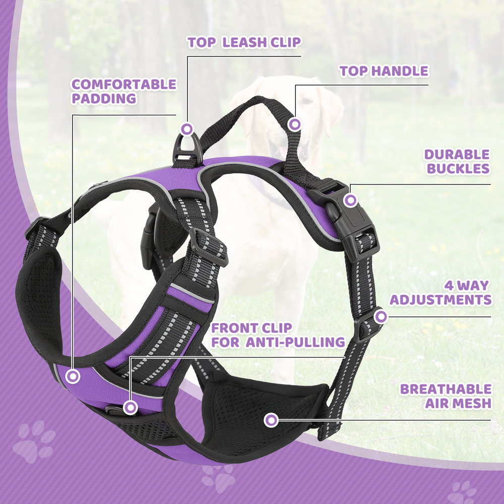 Reflective Adjustable No Pull Pet Harness Handle Easy Control Purple Puppy Vest
