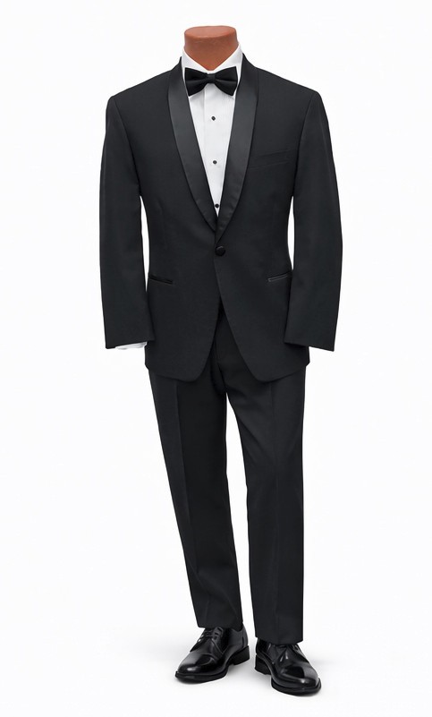 Black Satin Shawl Lapel Tuxedo with Pants Shirt Bow Tie & Studs Slim Fit 38S 32W