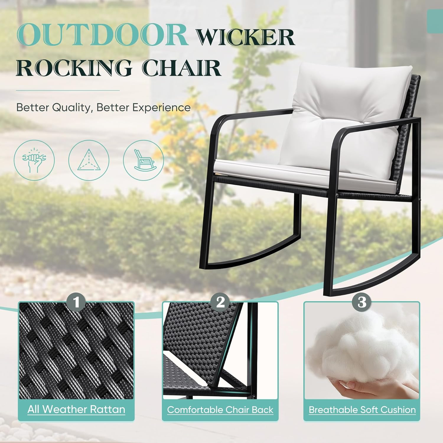 3 Pieces Rocking Wicker Bistro Set, Patio Outdoor Furniture Conversation Sets wi