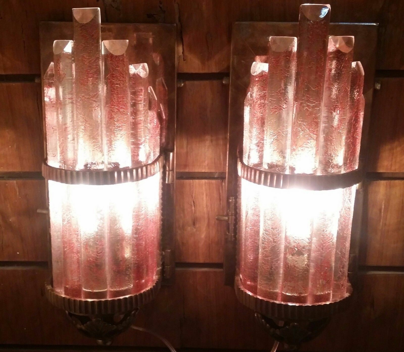 PAIR SKYSCRAPER ART DECO METRO LIGHT WALL SCONCES COPPER CAMEO GLASS SHIP LAMP