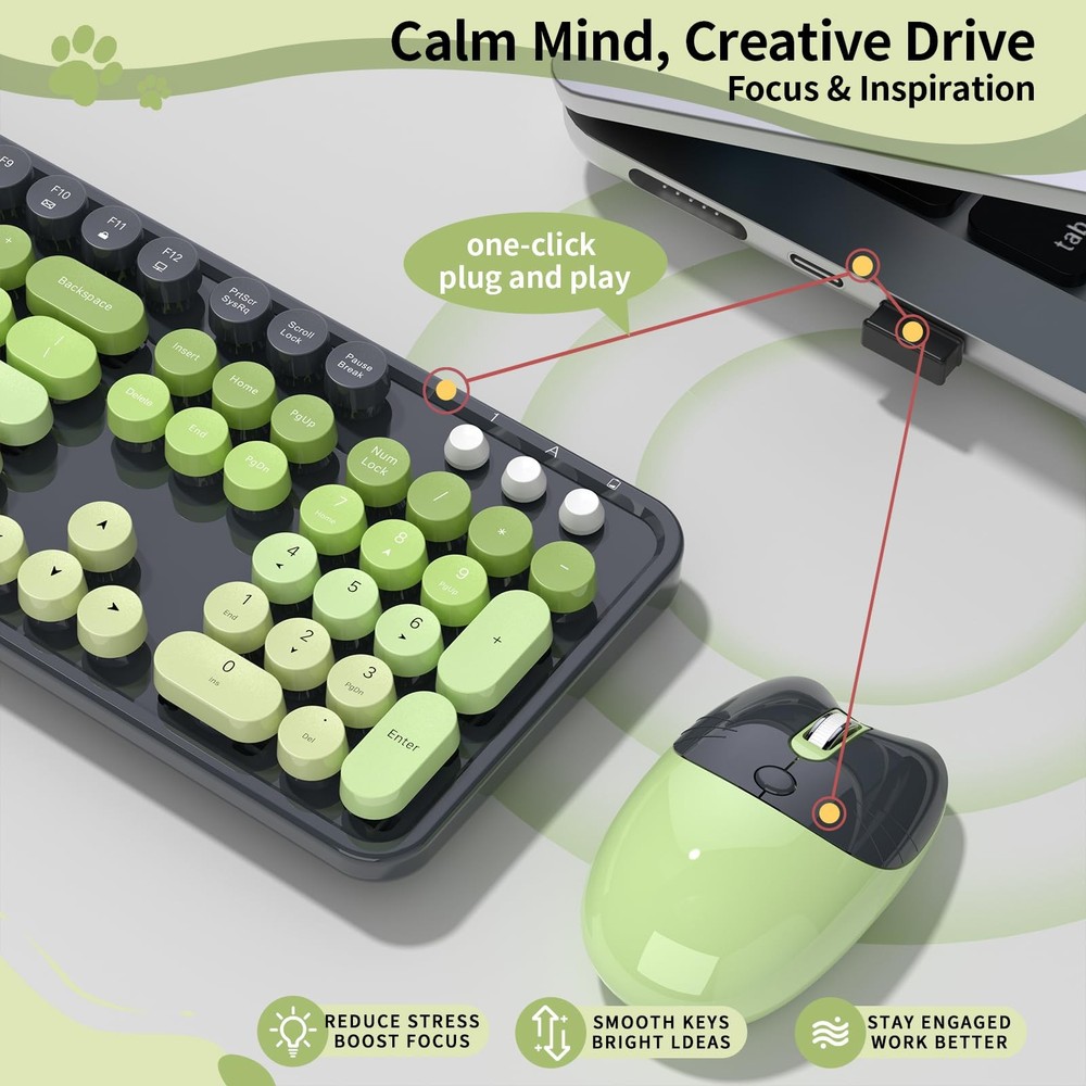 Wireless Keyboard and Mouse Retro Typewriter Round Keycaps Gray Green