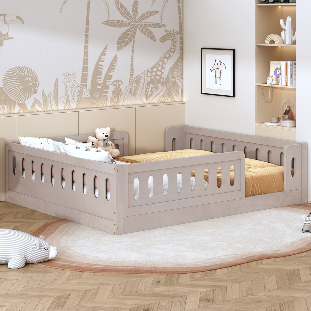 Wood Full Size Platform Bed with Guardrail, Natural