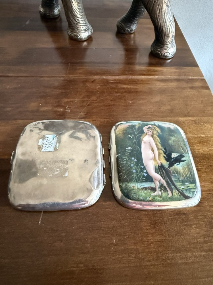 Antique Enamel Sterling Solid Silver Erotic Victorian Lady Cigarette Case Box
