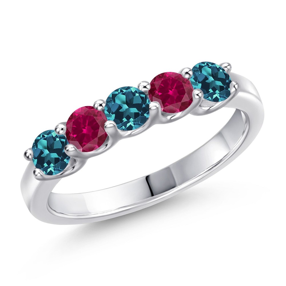 925 Sterling Silver London Blue Topaz and Created Ruby Wedding-Bands Ring For