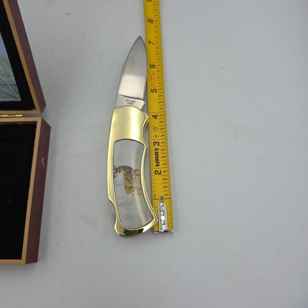 Gold Hunting Knife in Case with Buck Picture on Knife and Inside Box 7"
