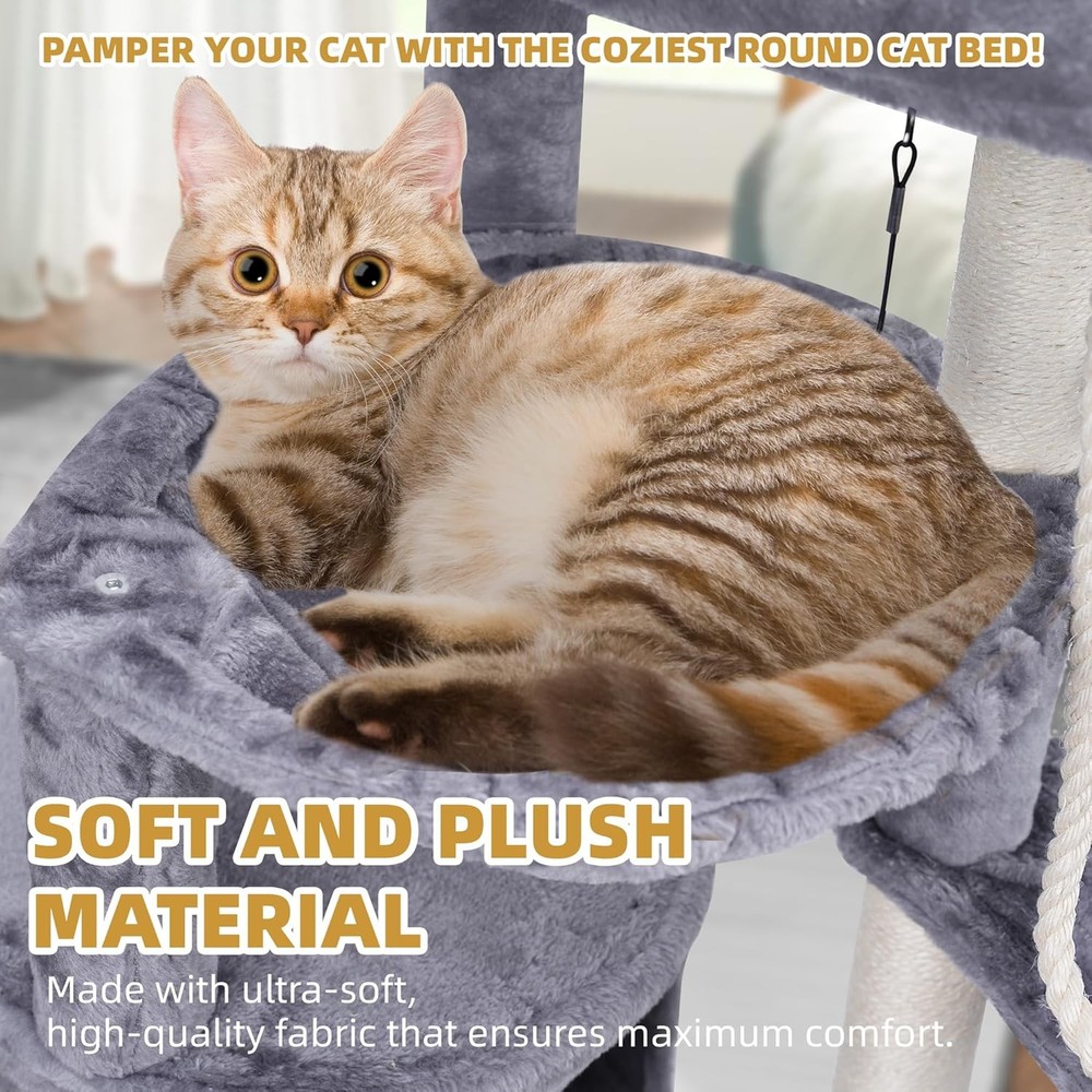 Three Layer Cat Tree W/ Cat Condo & Two Hammocks,Grey