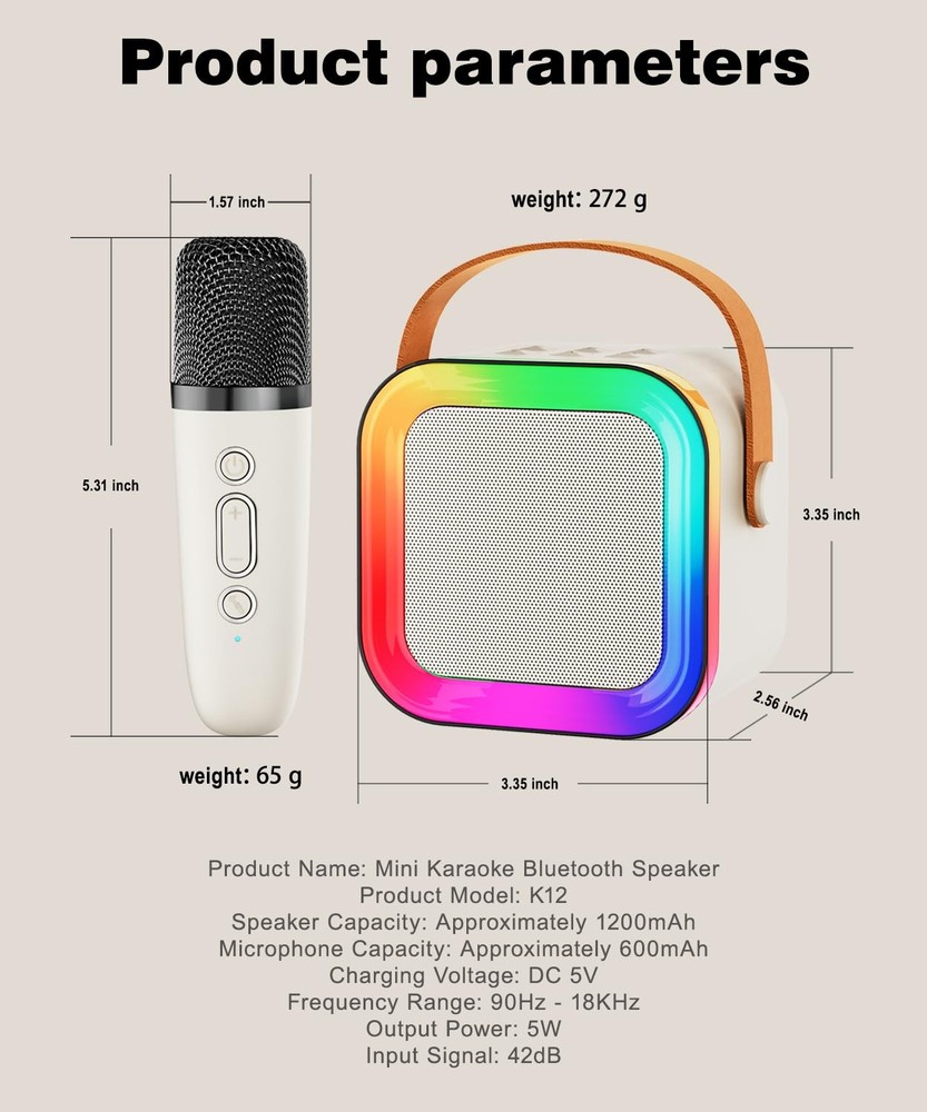 Mini Karaoke Machine Speaker Bluetooth 5.0 - 2 Wireless Mics, 5-7 Hour Battery