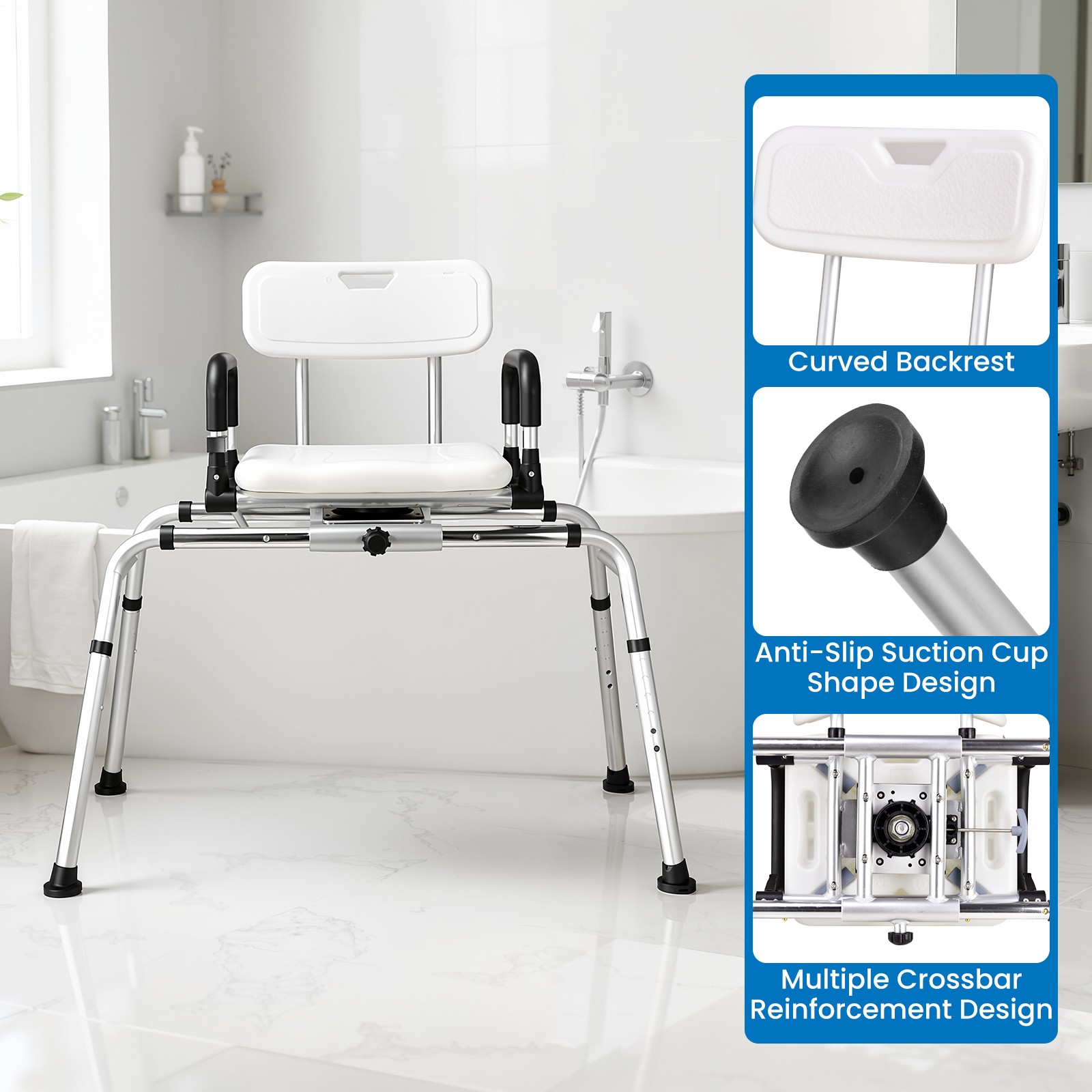 Sliding Tub Transfer Bench Shower Chair with 360° Swivel Seat