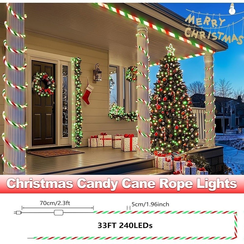 Candy Cane Christmas Rope Lights Waterproof LED String Light Timer 8 Modes Decor
