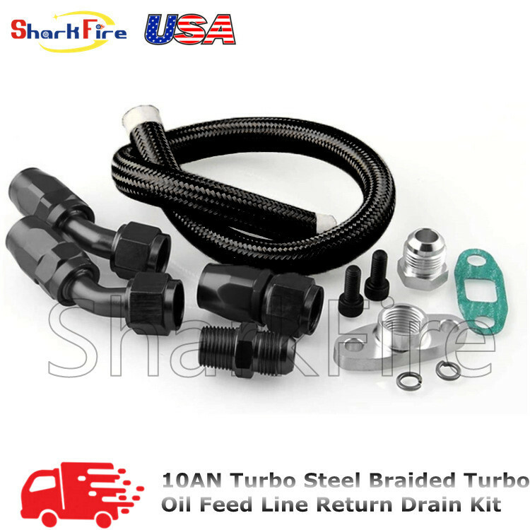 10AN Turbo Steel Braided Turbo Oil Feed Line Return Drain kit Fit Adapter T3 T4