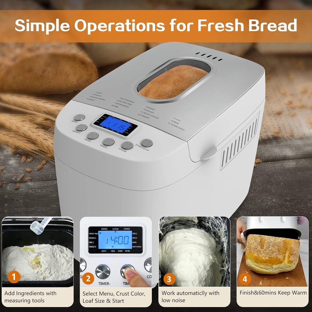 3.3LBS 15-in-1 Bread Maker Automatic Compact Dough Machine Nonstick White