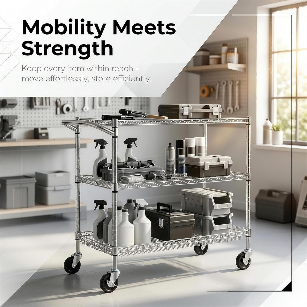 Durable Chrome Utility Cart - 500lb Capacity 3-Tier Rolling Storage Solution