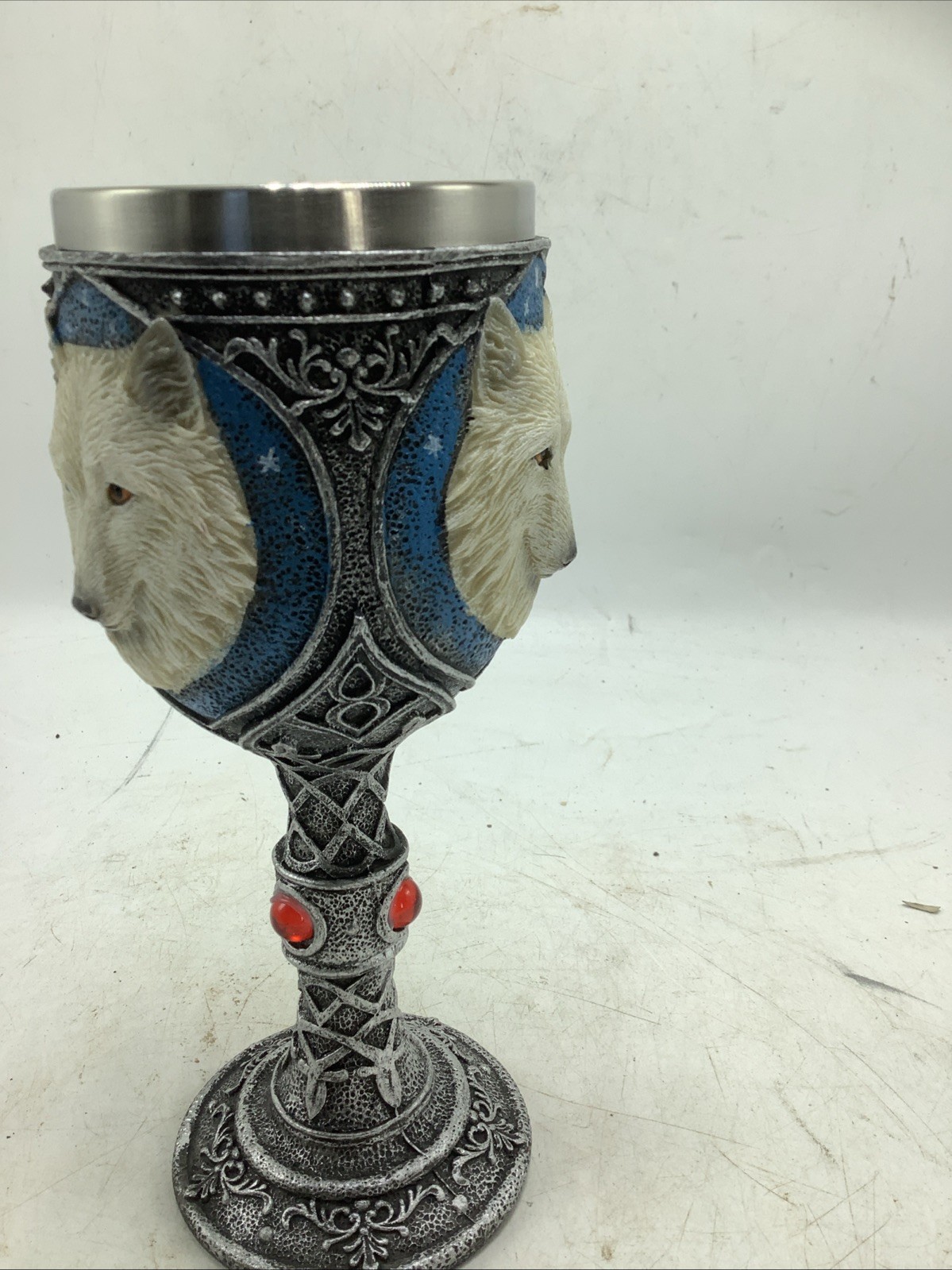 Game Of Thrones Direwolf Chalice Alpha Wolf Wine Goblet Celtic Magic Red Stones