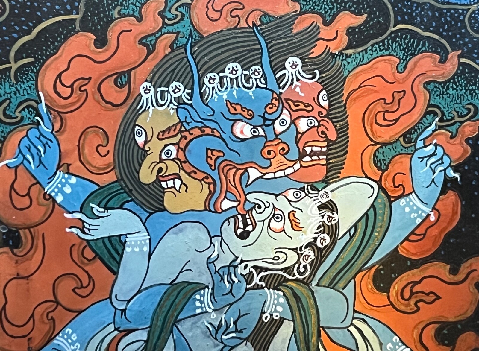 Tibetan Thangka Painted on Horn Yamantaka in Father-Mother Union