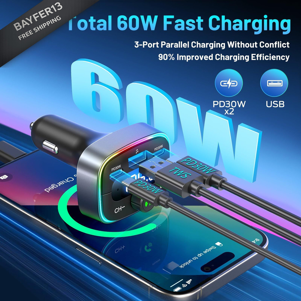 HUNDRUP Bluetooth 5.4 Car Adapter 60W Charging USB Black