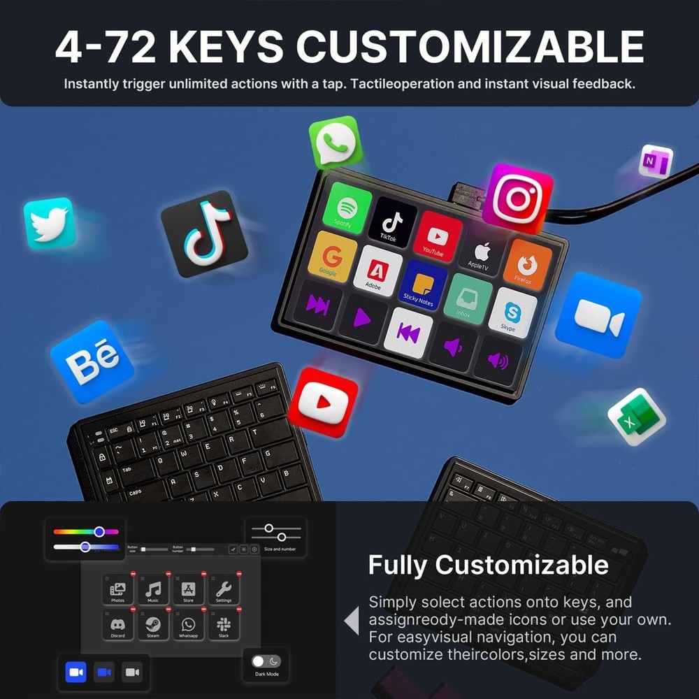 Touchscreen Keyboard with Stream Deck, Split Ergonomic Keyboard+8" Mini Screen