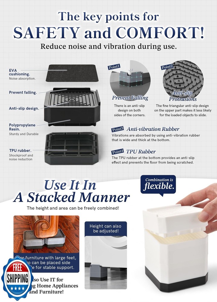 EclatBain Bed Risers Furniture Risers Heavy-Duty Rectangular Adjustable Block