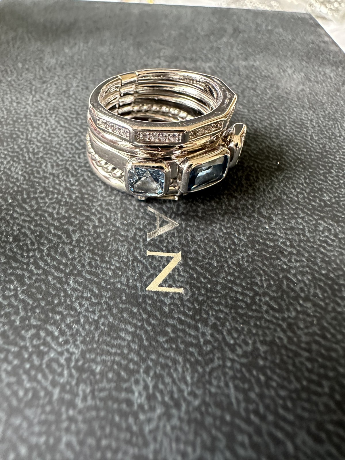 David Yurman Sterling Silver Stax Five Row Ring w/ Blue Topaz & Diamonds sz 9