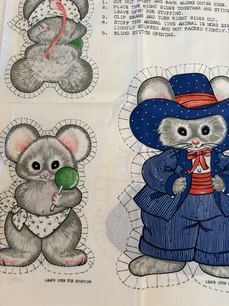 Vintage Sewing Stuffed Animal Mouse Pattern Fabric