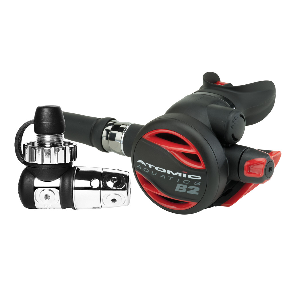 Atomic Aquatics B2 Regulator Din with SS1 Safe Second Stainless Red