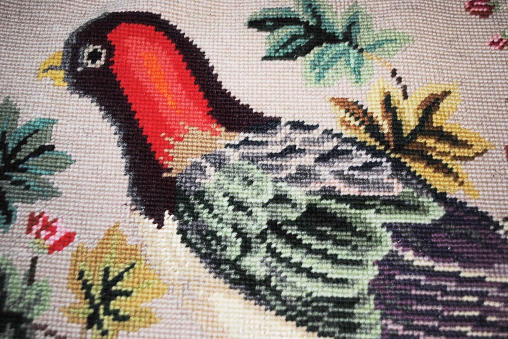 VINTAGE NEEDLEPOINT TAPESTRY PANEL, LARGE BIRD ON BRANCH