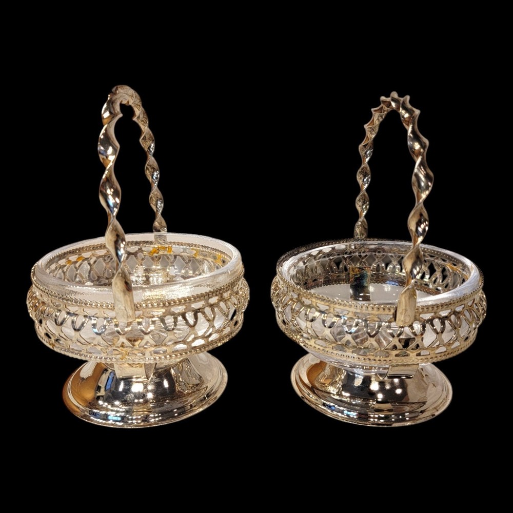 Set of 2 Silver Plated Nut Candy Baskets with Glass Liners Twisted Handle READ