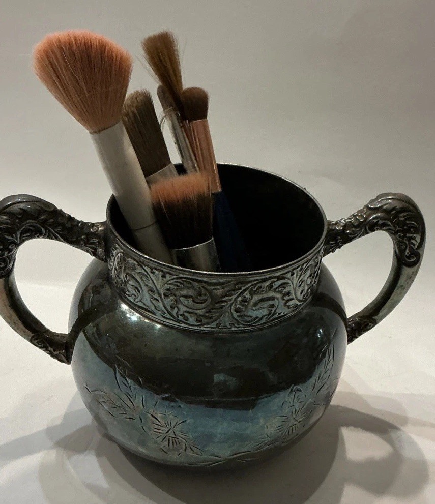Royal Co Triple Sugar Bowl Silverplate Etched Floral Use For MAKEUP BRUSHES