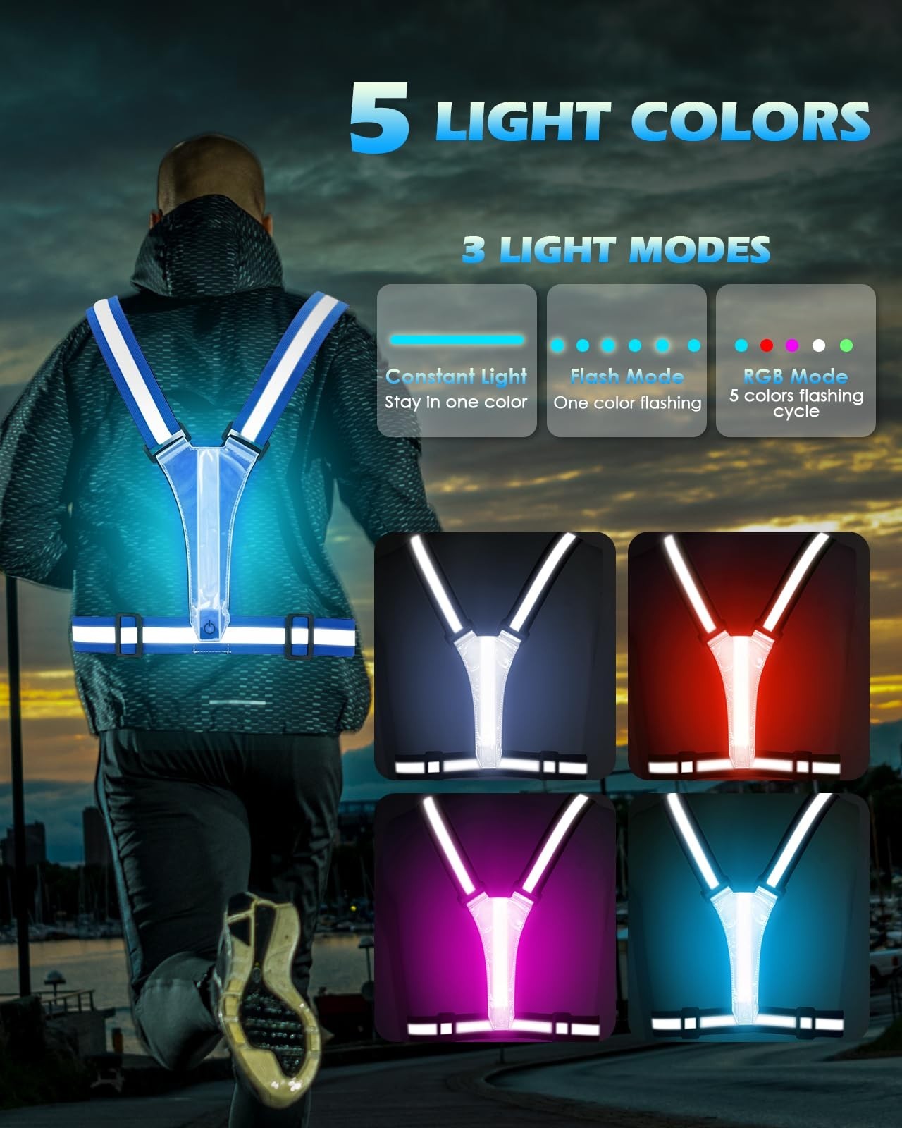 High Visibility Reflective Running Vest 5 Lights Rechargeable Adjustable