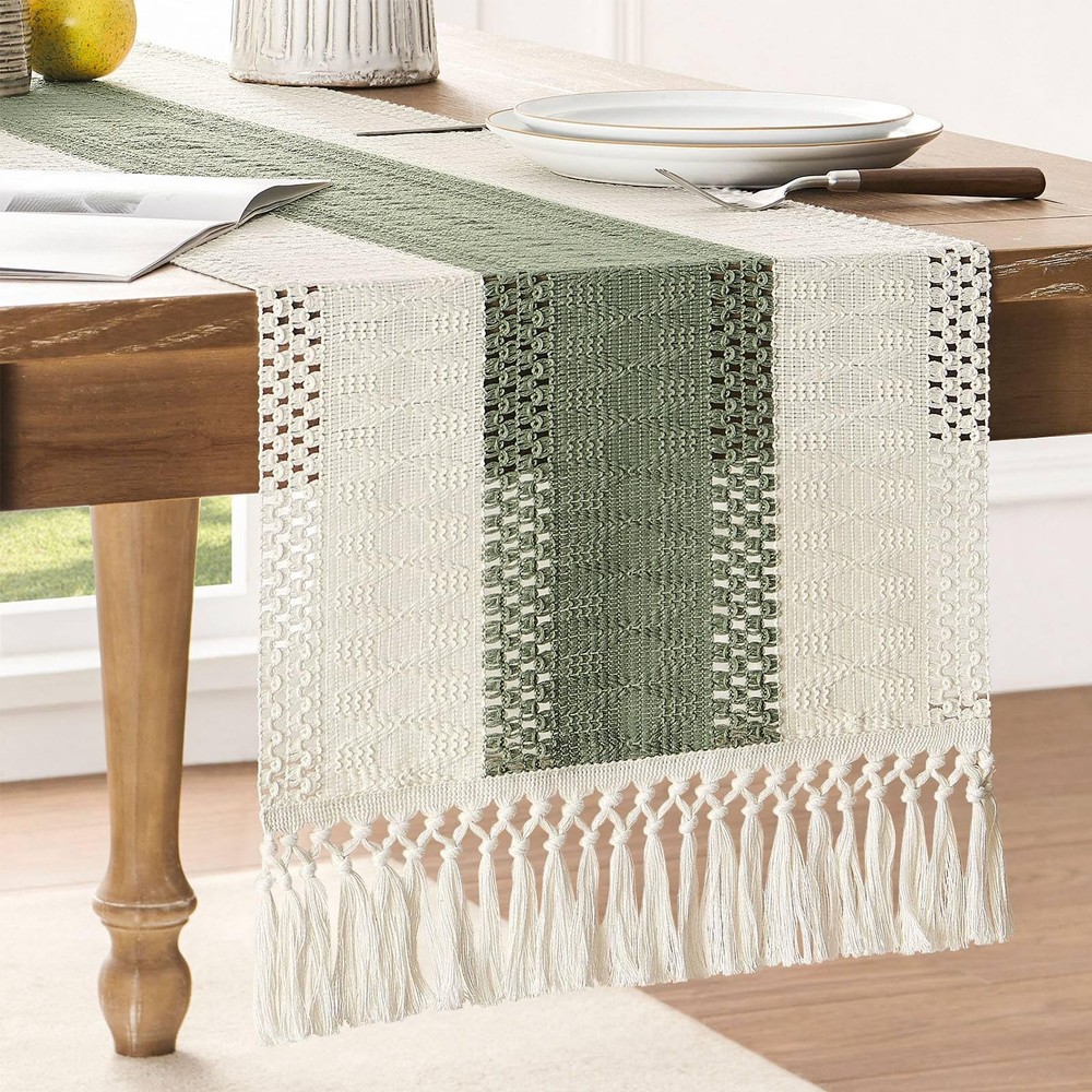Macrame Style Bicolor Stitching Table Runner, 14 x 72 Inch Green/Ivory, Boho ...