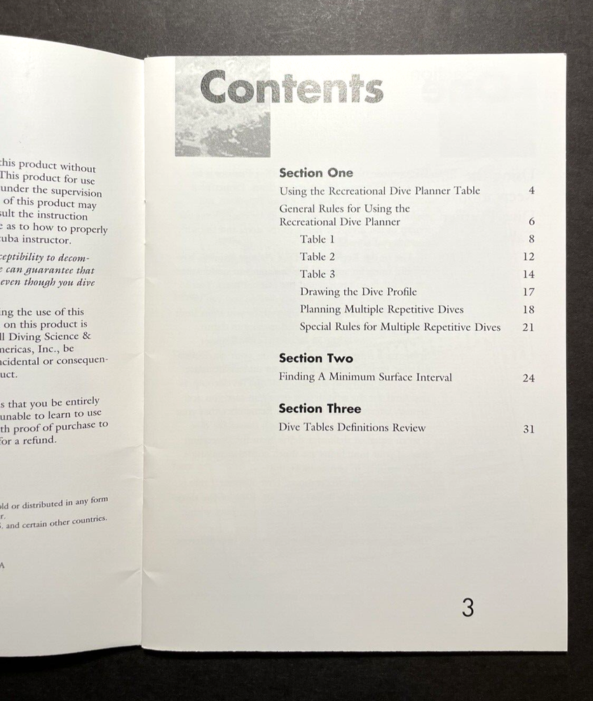 PADI Recreational Dive Planner / Instructions Book Scuba