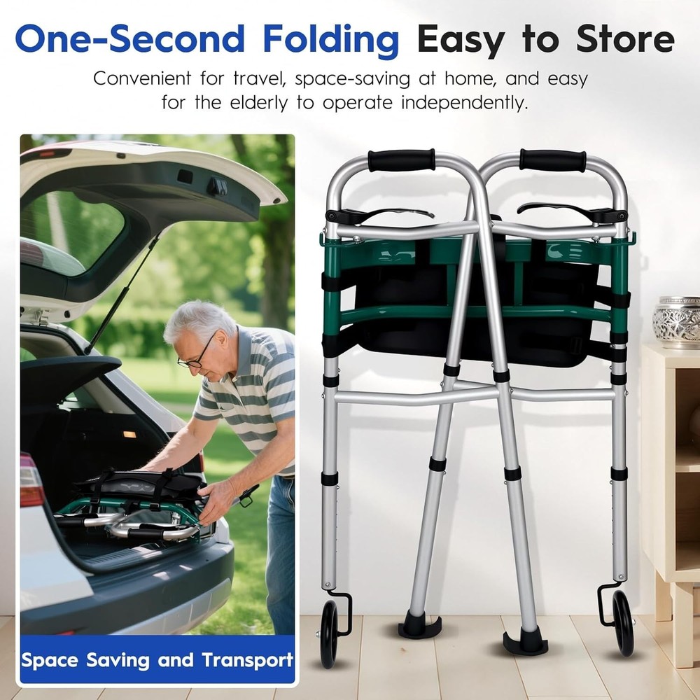 Foldable Walker with 360° Swivel Wheels & Motion Sensor Light, Lightweight Ad...