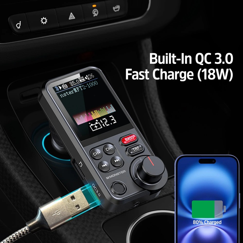 Monster 18W Bluetooth FM Transmitter with QC 3.0 Fast Charging, Hands-Free Calls