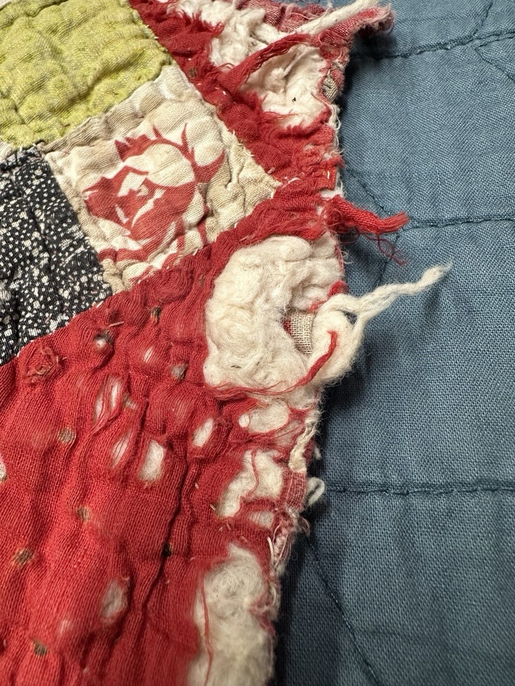 Vtg Nine Patch on Point Quilt Hand Sewn Red Feedsack Patchwork Distressed *Read